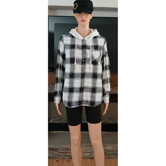 Time & Tru Womens Small Plaid Long Sleeve Checkered Button Up Hoodie - Picture 1 of 9